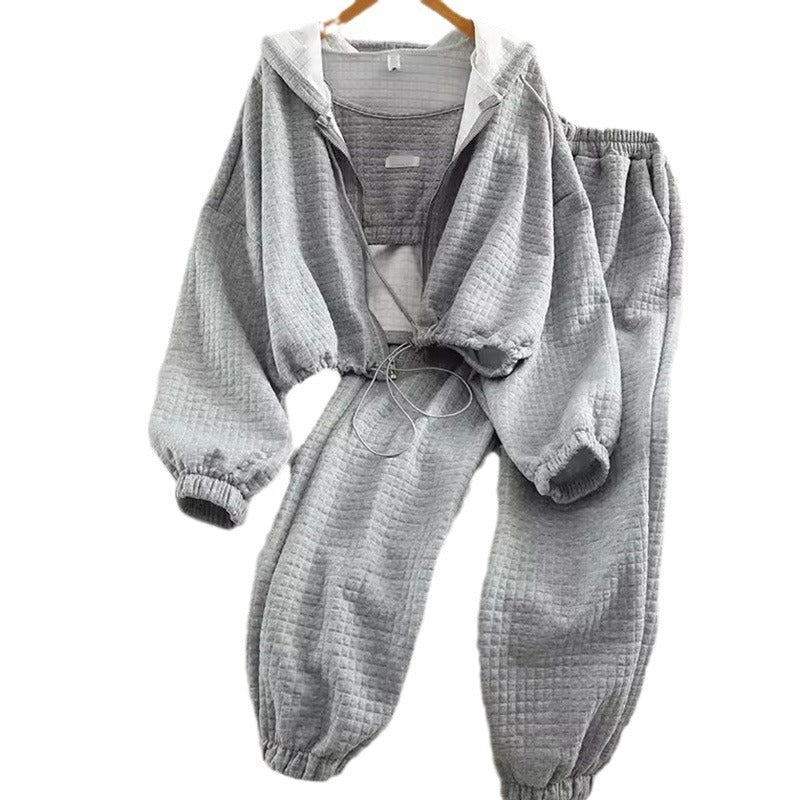 Hooded Cardigan Zipper Sports Three-piece Suit